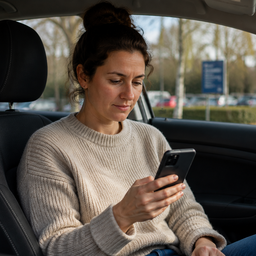 A woman sitting in a parked car looking at her phone