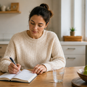 A woman writing in a notebook at a kitchen table in natural daylight
