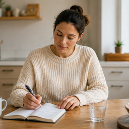 A woman writing in a notebook at a kitchen table in natural daylight