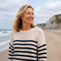Woman walking on a beach in fresh sea air, positive and energised.
