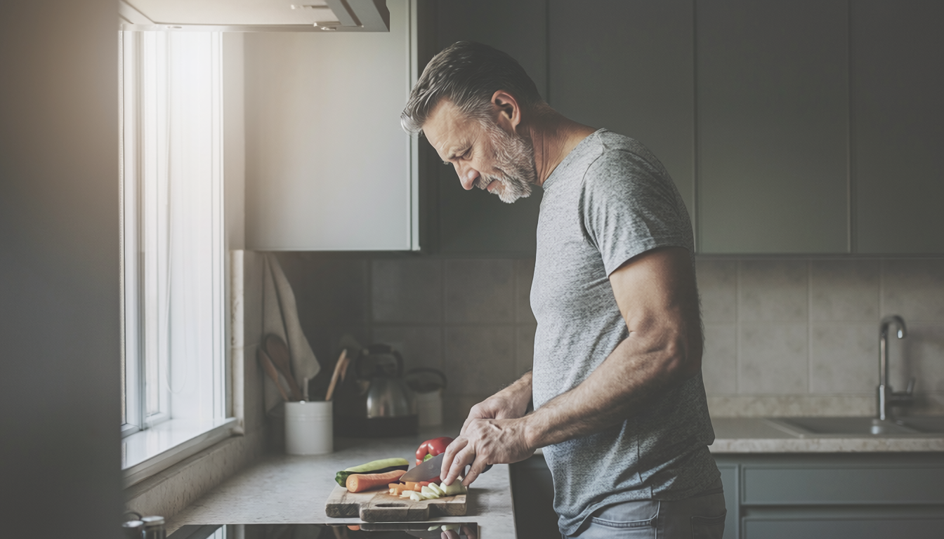 Adult preparing a simple meal in a modern home kitchen.
