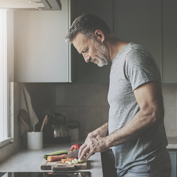Adult preparing a simple meal in a modern home kitchen.
