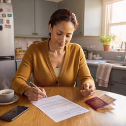 A mixed-heritage woman at a sunlit kitchen table filling in a visa application beside an open UK passport.