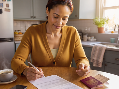 A mixed-heritage woman at a sunlit kitchen table filling in a visa application beside an open UK passport.