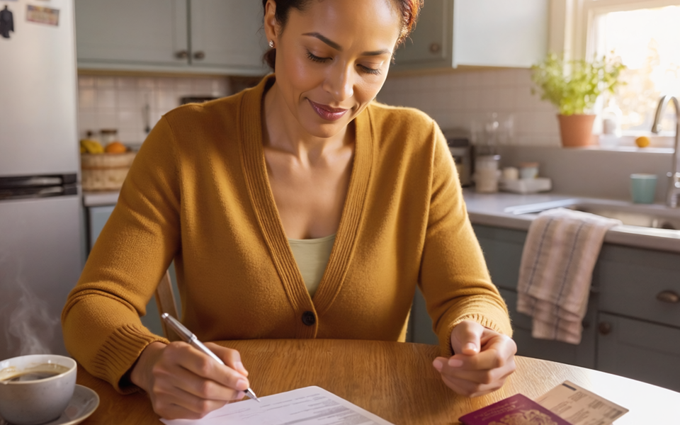 A mixed-heritage woman at a sunlit kitchen table filling in a visa application beside an open UK passport.