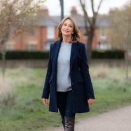 A woman in her 40s walking outdoors looking calm and hopeful, soft daylight