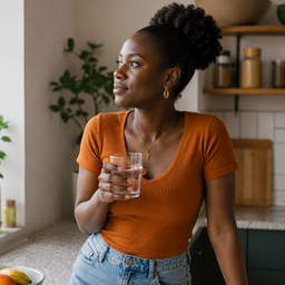 A young Black woman standing in a bright kitchen holding a glass of water
