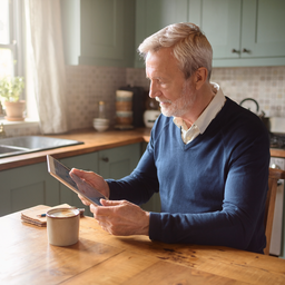 A man in his sixties reading a wellness chart on a tablet at a sunlit kitchen table.