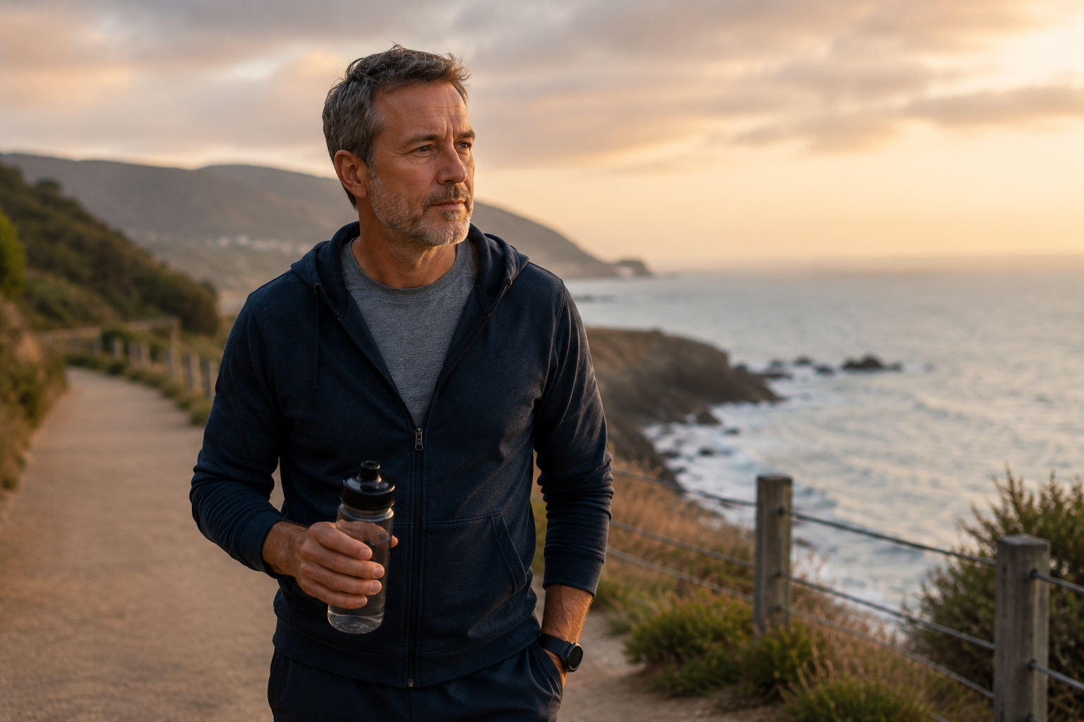 A middle-aged man walking along a coastal path in soft evening light