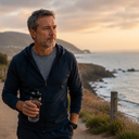 A middle-aged man walking along a coastal path in soft evening light