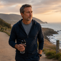 A middle-aged man walking along a coastal path in soft evening light
