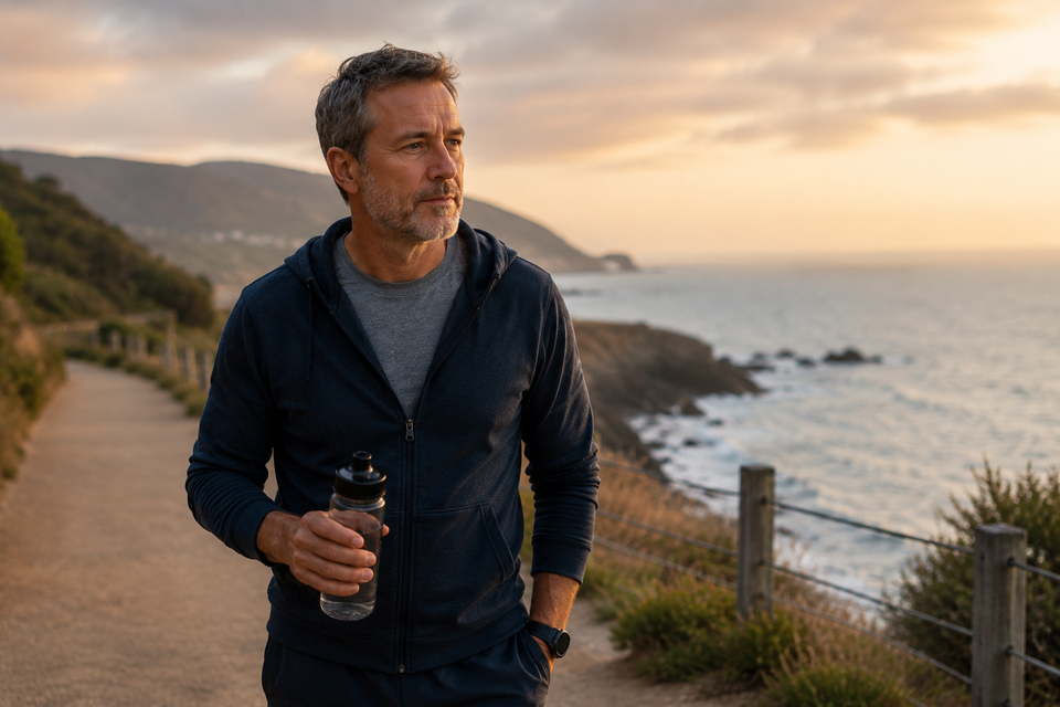 A middle-aged man walking along a coastal path in soft evening light