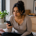 A South Asian woman sitting at home looking at her phone