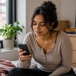 A South Asian woman sitting at home looking at her phone