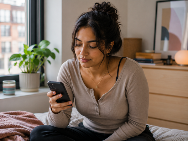 A young woman at home looking at her phone