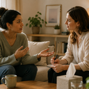 Two women in conversation, one listening and taking notes