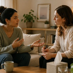 Two women in conversation, one listening and taking notes