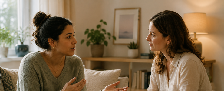 Two women in conversation, one listening and taking notes
