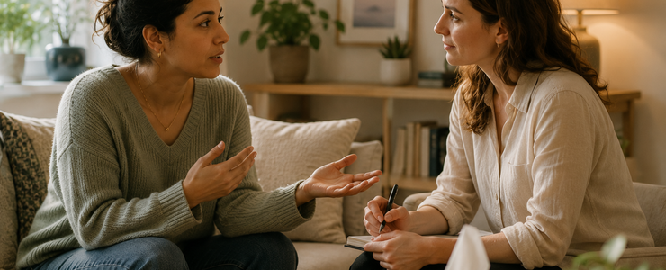 Two women in conversation, one listening and taking notes