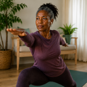 Mature Black woman doing a yoga pose at home, focused and strong.