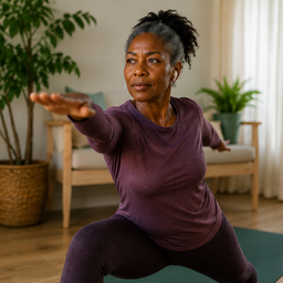 Mature Black woman doing a yoga pose at home, focused and strong.
