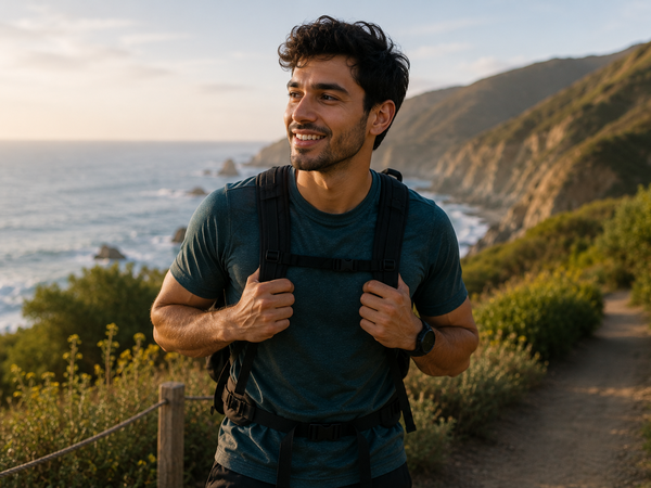 A young man hiking on a coastal path in warm evening light