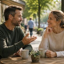 Two adults talking over coffee at an outdoor café in soft daylight
