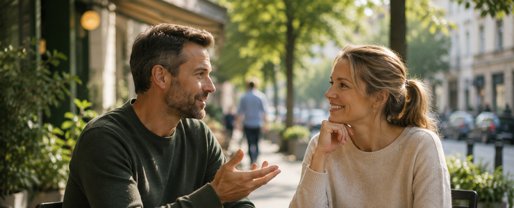 Two adults talking over coffee at an outdoor café in soft daylight