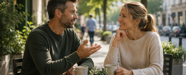 Two adults talking over coffee at an outdoor café in soft daylight