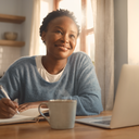 A woman in her 30s journalling progress at a kitchen table in morning light, hopeful