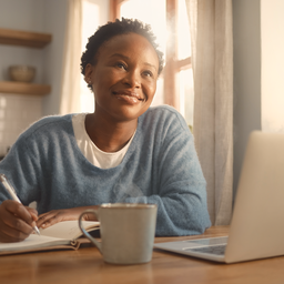 A woman in her 30s journalling progress at a kitchen table in morning light, hopeful
