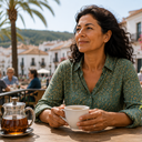 Woman in her 40s or 50s enjoying a coffee at an outdoor cafe while travelling.