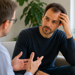 A man with early hair thinning discussing treatment with a clinician