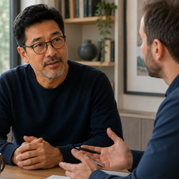 An Asian man speaking with a doctor in a calm consultation room