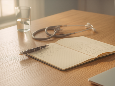 A close-up of a tidy doctor's desk with stethoscope, notebook, and fountain pen in soft natural daylight.