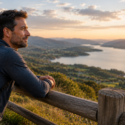 A man looking across hills and water at sunset during a hike