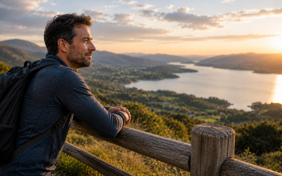 A man looking across hills and water at sunset during a hike