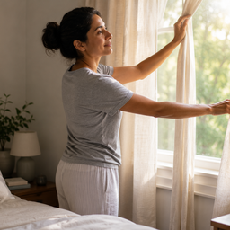 A woman opening bedroom curtains in soft morning light