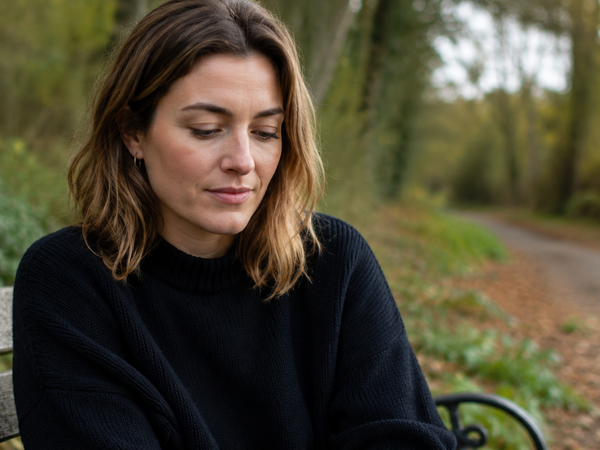 A woman sitting outdoors on a park bench, calm