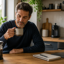 A man drinking coffee in a bright kitchen with a cafetière on the table