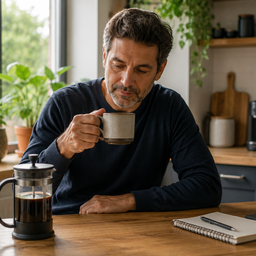 A man drinking coffee in a bright kitchen with a cafetière on the table