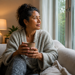 Woman looking thoughtfully out of a window with a warm drink in a cosy home setting.