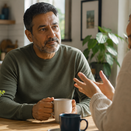 A middle-aged man talking with a woman at a kitchen table