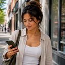 A young woman looking at her phone outside a pharmacy on a city street