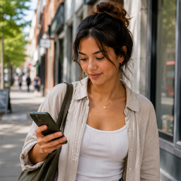 A young woman looking at her phone outside a pharmacy on a city street