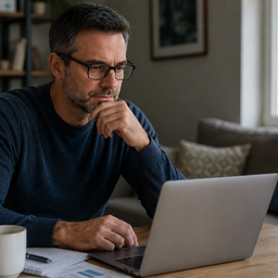 A man reviewing information on a laptop at home in natural daylight