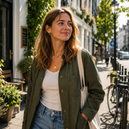 A young European woman walking along a sunny city street
