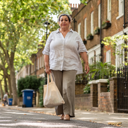 A woman walking along a leafy West London street in daylight