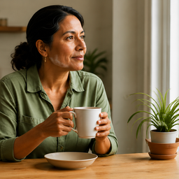 South Asian woman in her 40s looking thoughtfully out of a window in a bright kitchen, holding a mug.