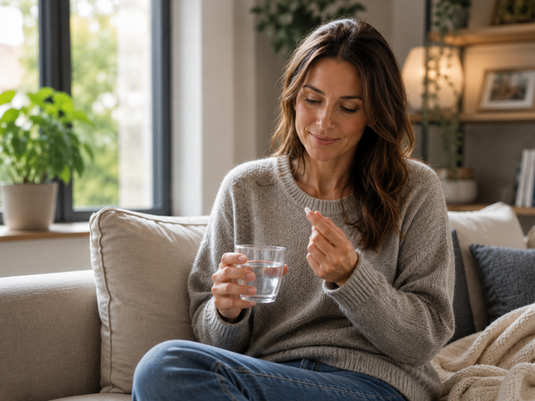 A woman at home taking her tablet with a glass of water.